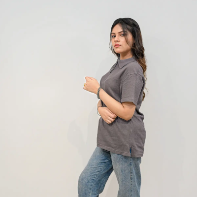 Grey - Zipper Polo Knit